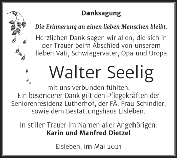 Traueranzeige von Walter Seelig von Trauerkombi Mansfelder Land