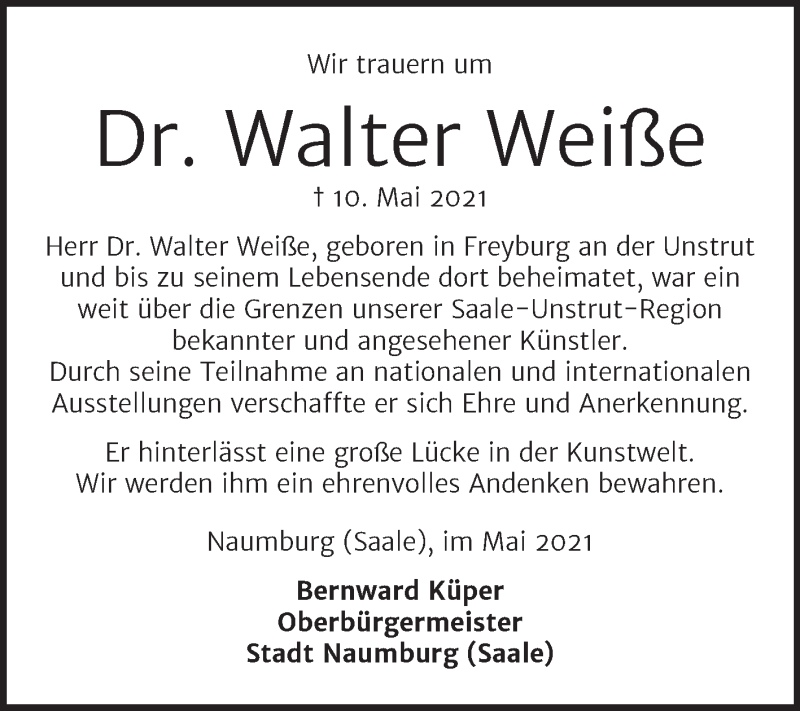  Traueranzeige für Walter Weiße vom 22.05.2021 aus Naumburger Tageblatt