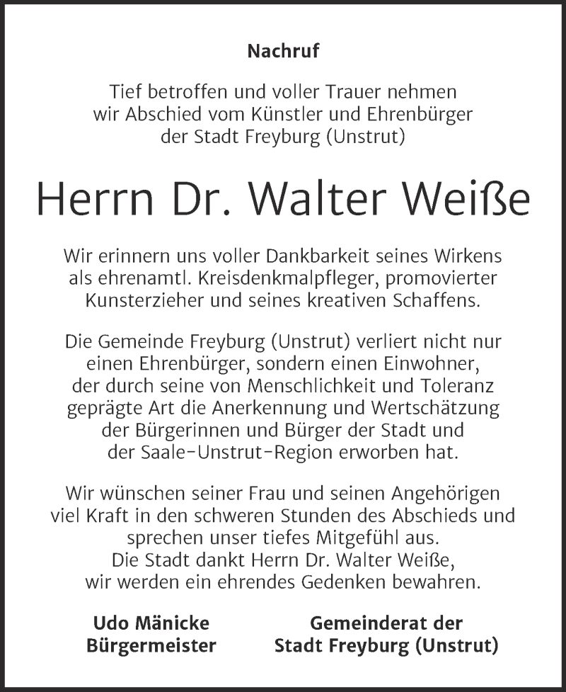  Traueranzeige für Walter Weiße vom 28.05.2021 aus Naumburger Tageblatt