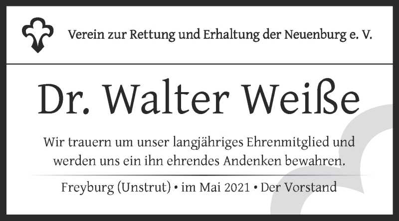  Traueranzeige für Walter Weiße vom 28.05.2021 aus Naumburger Tageblatt