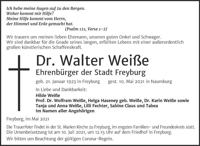  Traueranzeige für Walter Weiße vom 15.05.2021 aus Naumburger Tageblatt