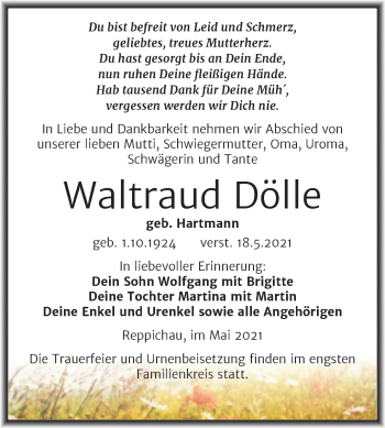 Traueranzeige von Waltraud Dölle von Trauerkombi Köthen