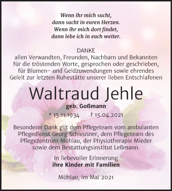 Traueranzeige von Waltraud Jehle von Trauerkombi Wittenberg