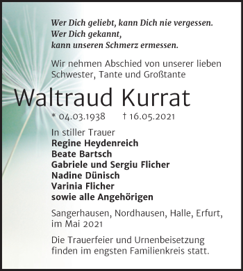 Traueranzeige von Waltraud Kurrat von Trauerkombi Sangerhausen