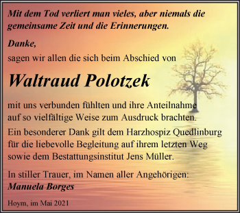 Traueranzeige von Waltraud Polotzek von Trauerkombi Aschersleben