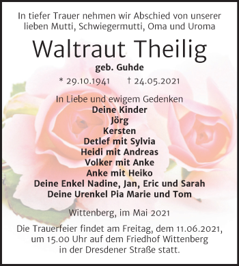 Traueranzeige von Waltraut Theilig von Trauerkombi Wittenberg