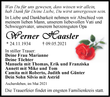 Traueranzeige von Werner Haasler von Trauerkombi Aschersleben