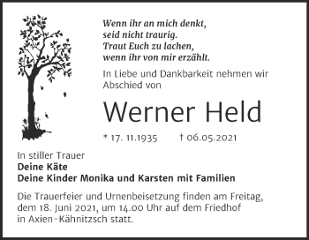 Traueranzeige von Werner Held von Trauerkombi Wittenberg