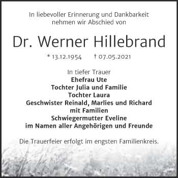 Traueranzeige von Werner Hillebrand von Trauerkombi Bernburg
