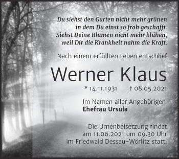 Traueranzeige von Werner Klaus von Trauerkombi Dessau