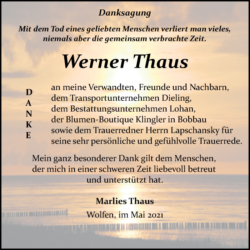  Traueranzeige für Werner Thaus vom 29.05.2021 aus Trauerkombi Bitterfeld