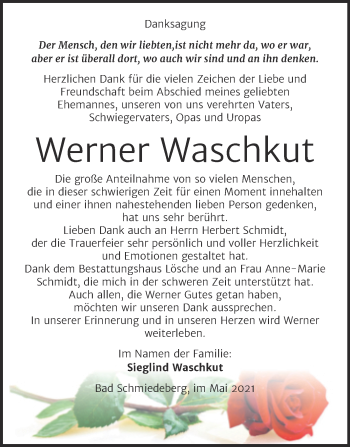 Traueranzeige von Werner Waschkut von Trauerkombi Wittenberg