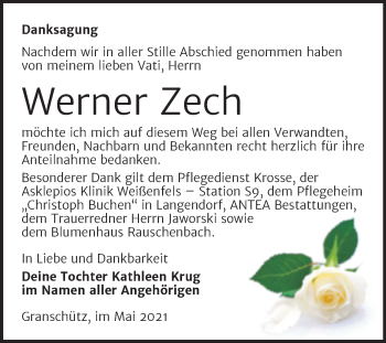 Traueranzeige von Werner Zech von Trauerkombi Weißenfels