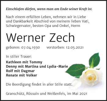 Traueranzeige von Werner Zech von Trauerkombi Weißenfels