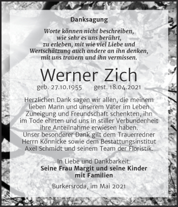 Traueranzeige von Werner Zich von Wochenspiegel Naumburg/Nebra
