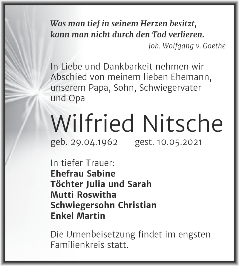  Traueranzeige für Wilfried Nitsche vom 22.05.2021 aus Trauerkombi Bitterfeld