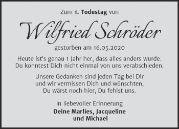 Traueranzeige von Wilfried Schröder von Trauerkombi Sangerhausen