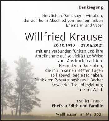 Traueranzeige von Willfried Krause von Trauerkombi Sangerhausen