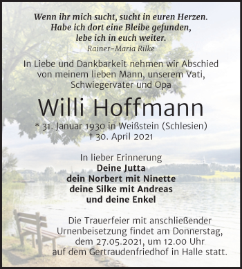 Traueranzeige von Willi Hoffmann von Mitteldeutsche Zeitung Halle/Saalkreis