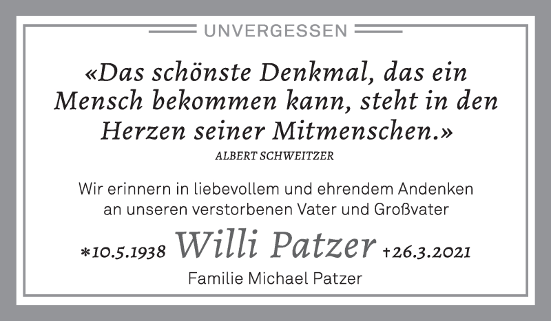  Traueranzeige für Willi Patzer vom 22.05.2021 aus Trauerkombi Merseburg