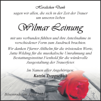 Traueranzeige von Wilmar Leinung von Trauerkombi Sangerhausen