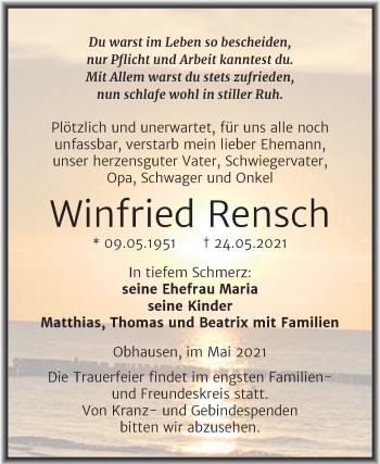 Traueranzeige von Winfried Rensch von Trauerkombi Merseburg