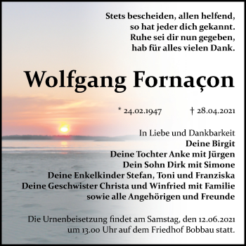 Traueranzeige von Wolfgang Fornaçon von Trauerkombi Bitterfeld