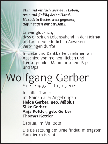 Traueranzeige von Wolfgang Gerber von Trauerkombi Wittenberg