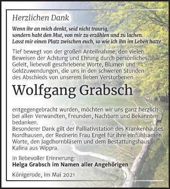 Traueranzeige von Wolfgang Grabsch von Trauerkombi Quedlinburg