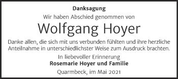 Traueranzeige von Wolfgang Hoyer von Trauerkombi Quedlinburg