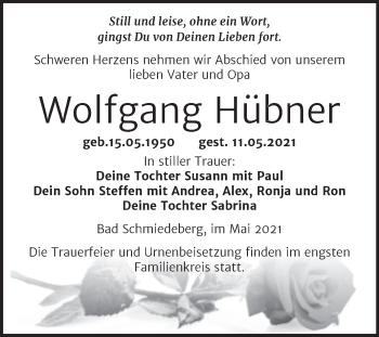 Traueranzeige von Wolfgang Hübner von Trauerkombi Wittenberg