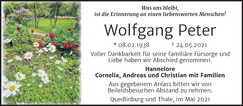  Traueranzeige für Wolfgang Peter vom 29.05.2021 aus Trauerkombi Quedlinburg