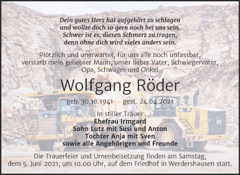 Traueranzeige von Wolfgang Röder von Trauerkombi Köthen