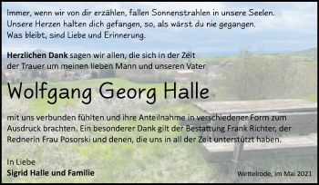 Traueranzeige von Wolfgang Georg Halle von Mitteldeutsche Zeitung Sangerhausen