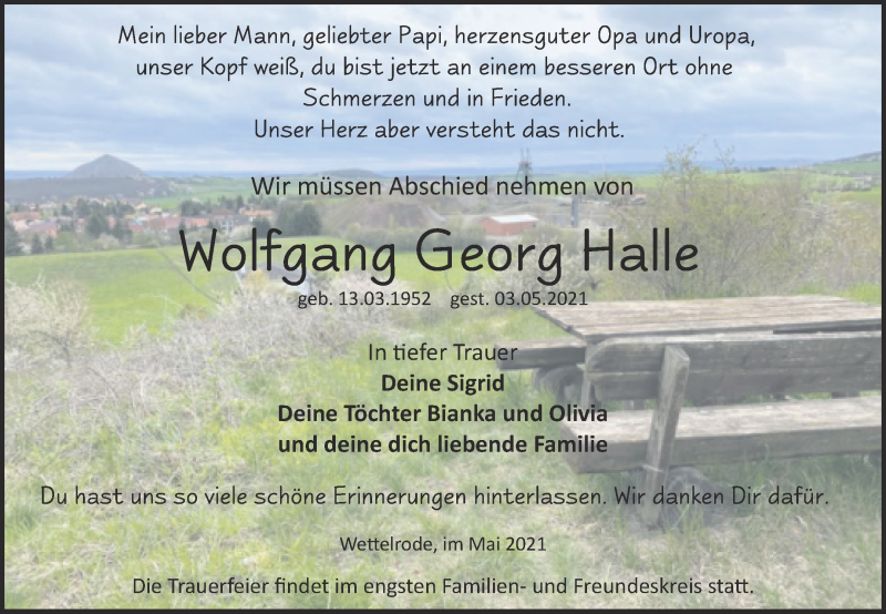  Traueranzeige für Wolfgang Georg Halle vom 15.05.2021 aus Trauerkombi Sangerhausen