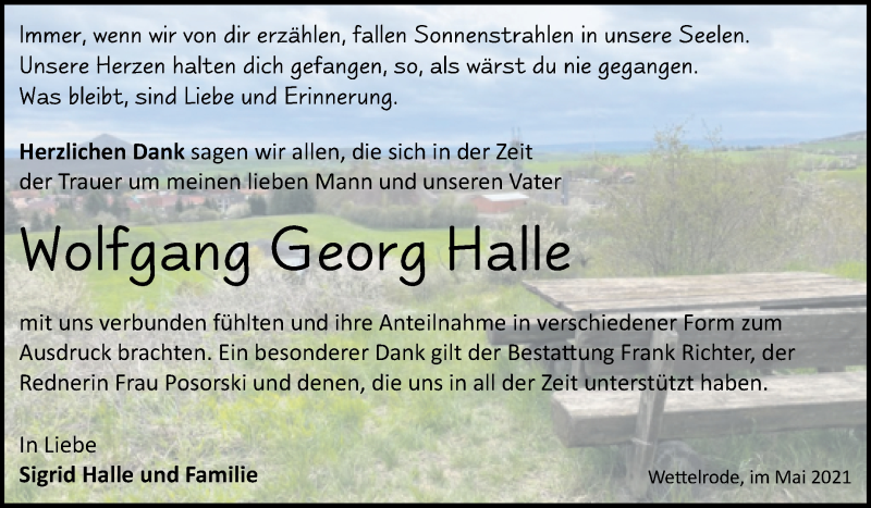  Traueranzeige für Wolfgang Georg Halle vom 22.05.2021 aus Mitteldeutsche Zeitung Sangerhausen