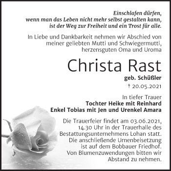 Traueranzeige von Christa Rast von Trauerkombi Bitterfeld