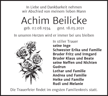 Traueranzeige von Achim Beilicke von Wochenspiegel Naumburg/Nebra