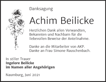 Traueranzeige von Achim Beilicke von Wochenspiegel Naumburg/Nebra