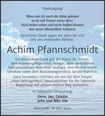 Traueranzeige von Achim Pfannschmidt von Trauerkombi Mansfelder Land
