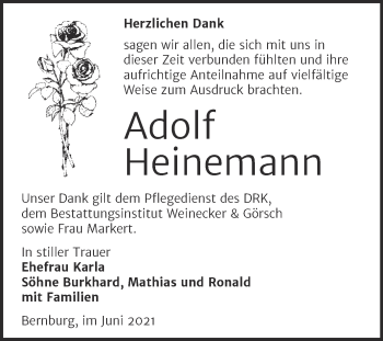 Traueranzeige von Adolf Heinemann von Trauerkombi Bernburg