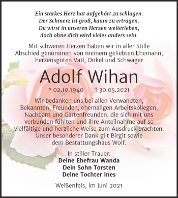 Traueranzeige von Adolf Wihan von Trauerkombi Weißenfels