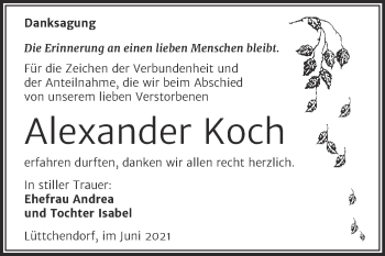 Traueranzeige von Alexander Koch von Trauerkombi Mansfelder Land