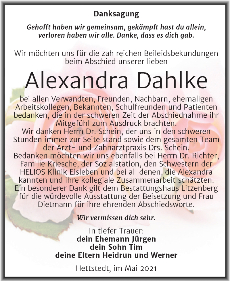  Traueranzeige für Alexandra Dahlke vom 02.06.2021 aus Trauerkombi Mansfelder Land