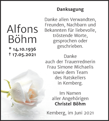 Traueranzeige von Alfons Böhm von Trauerkombi Wittenberg