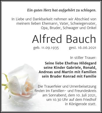 Traueranzeige von Alfred Bauch von Trauerkombi Quedlinburg