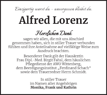 Traueranzeige von Alfred Lorenz von Trauerkombi Wittenberg