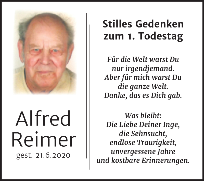 Traueranzeige für Alfred Reimer vom 23.06.2021 aus Wochenspiegel Naumburg/Nebra