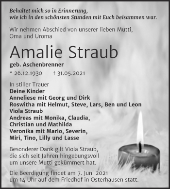 Traueranzeige von Amalie Straub von Mitteldeutsche Zeitung Mansfelder Land