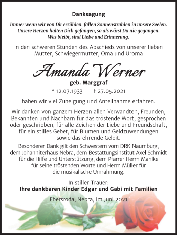 Traueranzeige von Amanda Werner von Super Sonntag Naumburg/Nebra